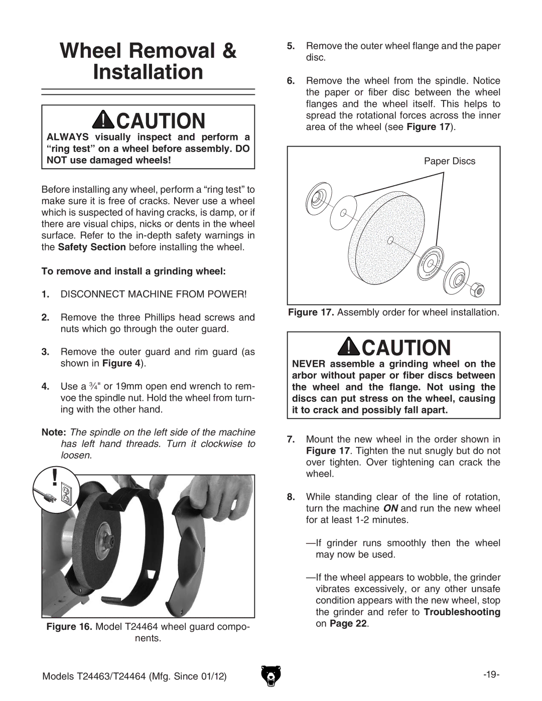 Grizzly T24463, T24464 owner manual Wheel Removal Installation, To remove and install a grinding wheel 