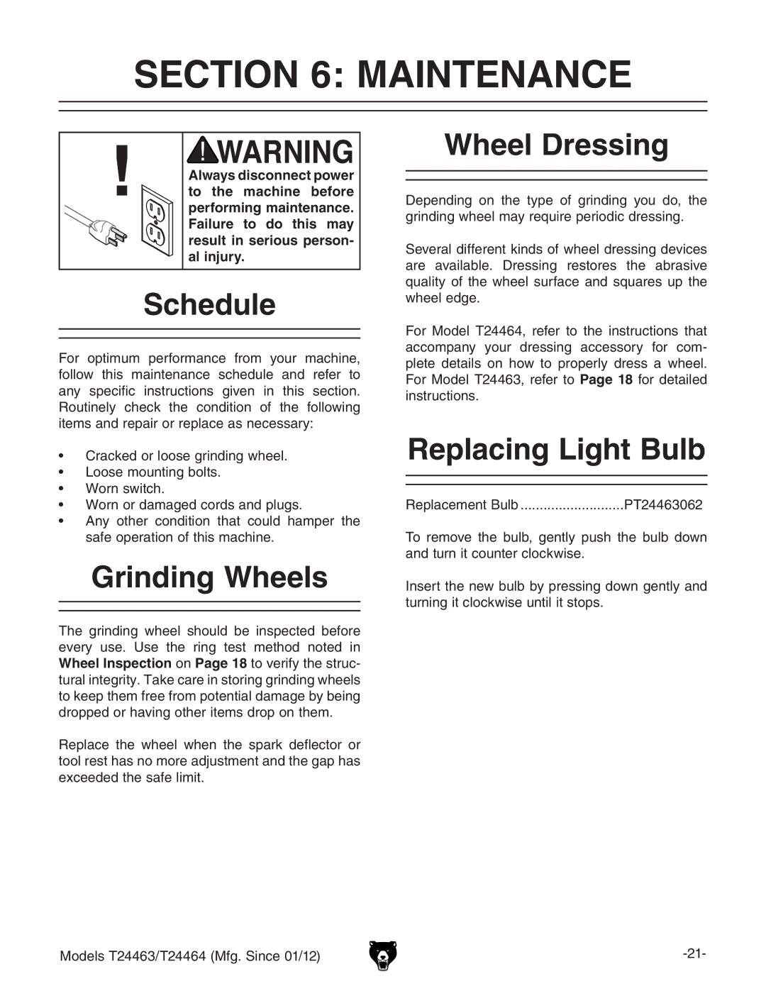 Grizzly T24463, T24464 owner manual Maintenance, Schedule, Grinding Wheels, Replacing Light Bulb 