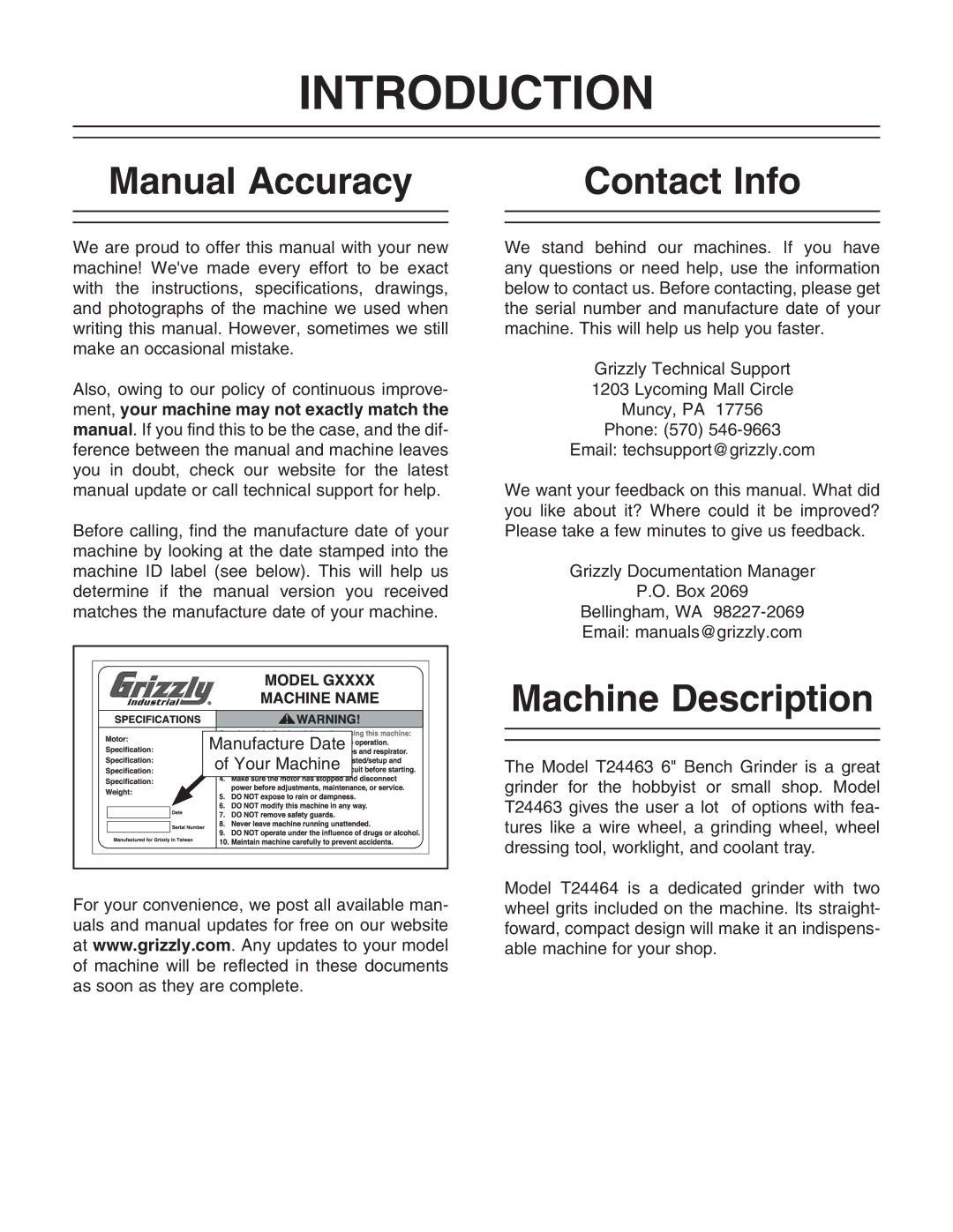 Grizzly T24464, T24463 owner manual Introduction, Manual Accuracy Contact Info, Machine Description, NdjgBVXcZ 