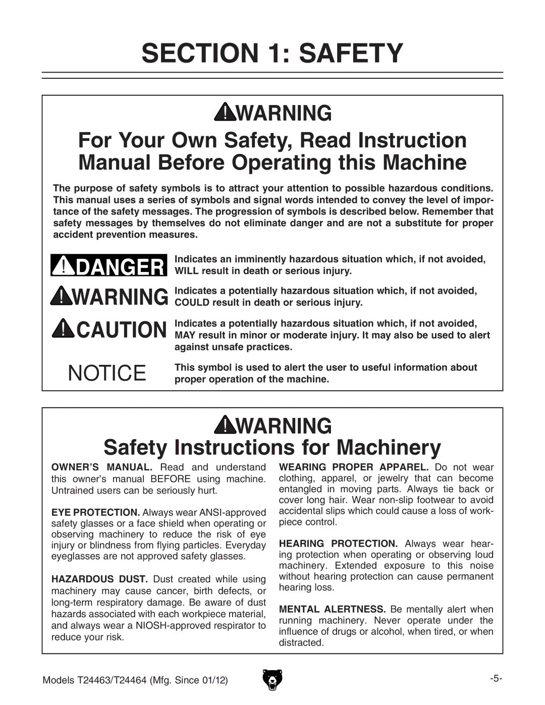 Grizzly T24463, T24464 owner manual Safety Instructions for Machinery, DWhZgkc\ bVXcZgn id gZYjXZ iZ gh` d ZnZ 