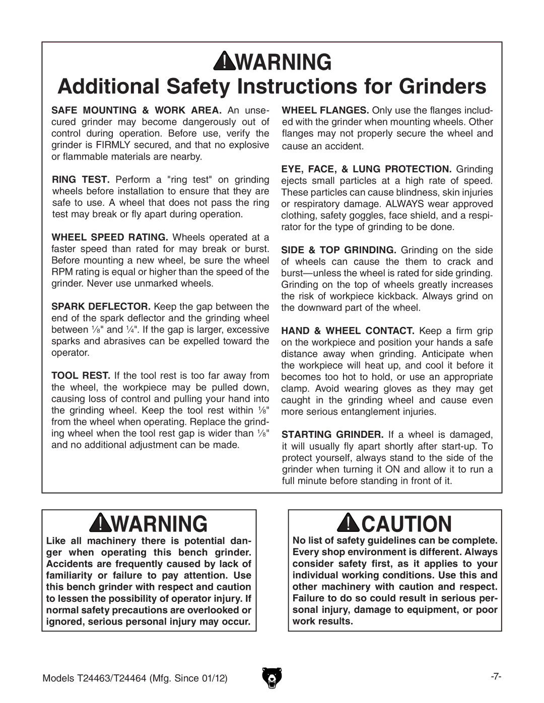 Grizzly T24463, T24464 owner manual Additional Safety Instructions for Grinders, BdYZahI+$I+B\#HcXZ%&$& 