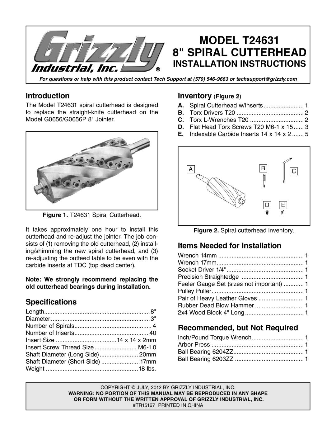 Grizzly T24631 installation instructions Introduction, Inventory Figure, Specifications, Items Needed for Installation 