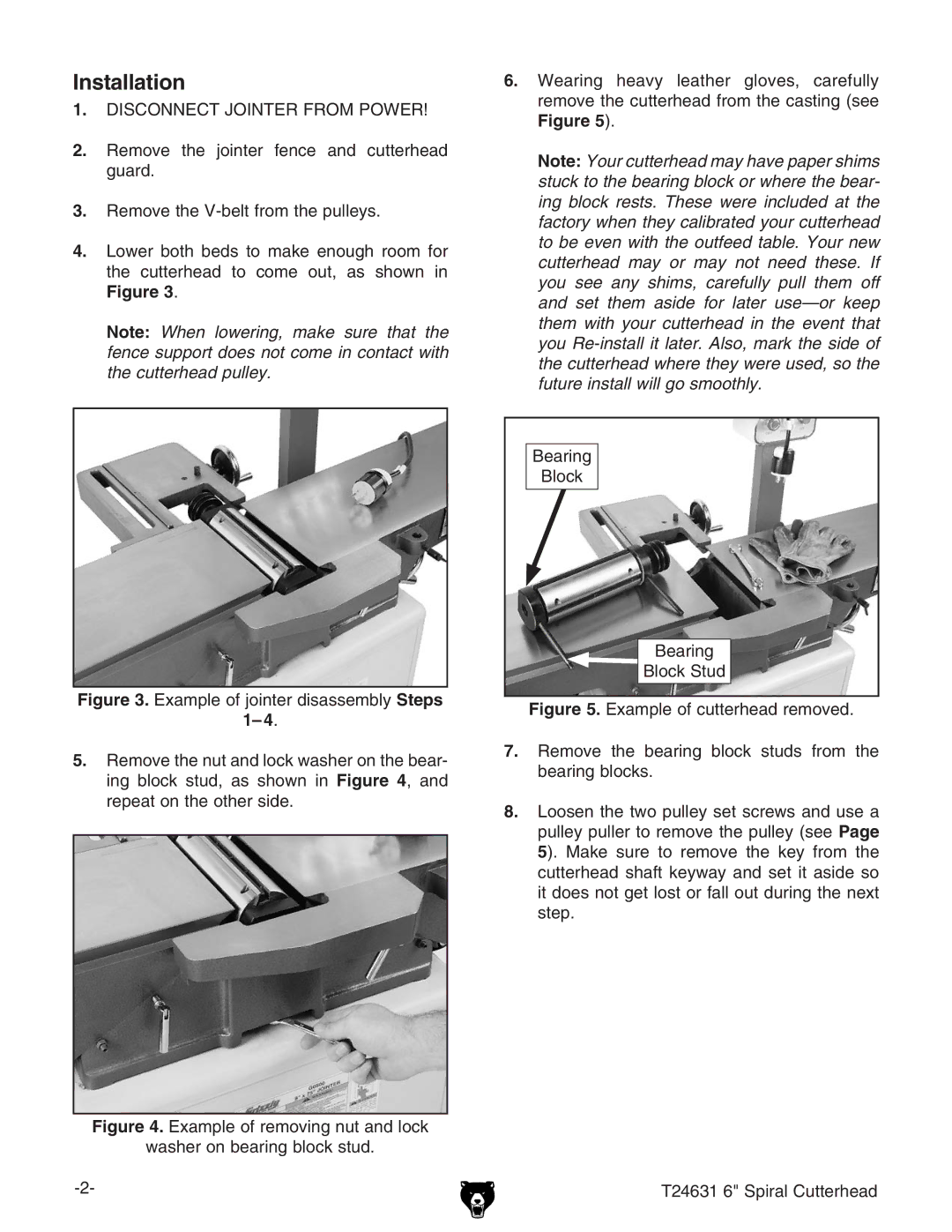 Grizzly T24631 installation instructions Installation, Disconnect Jointer from Power 