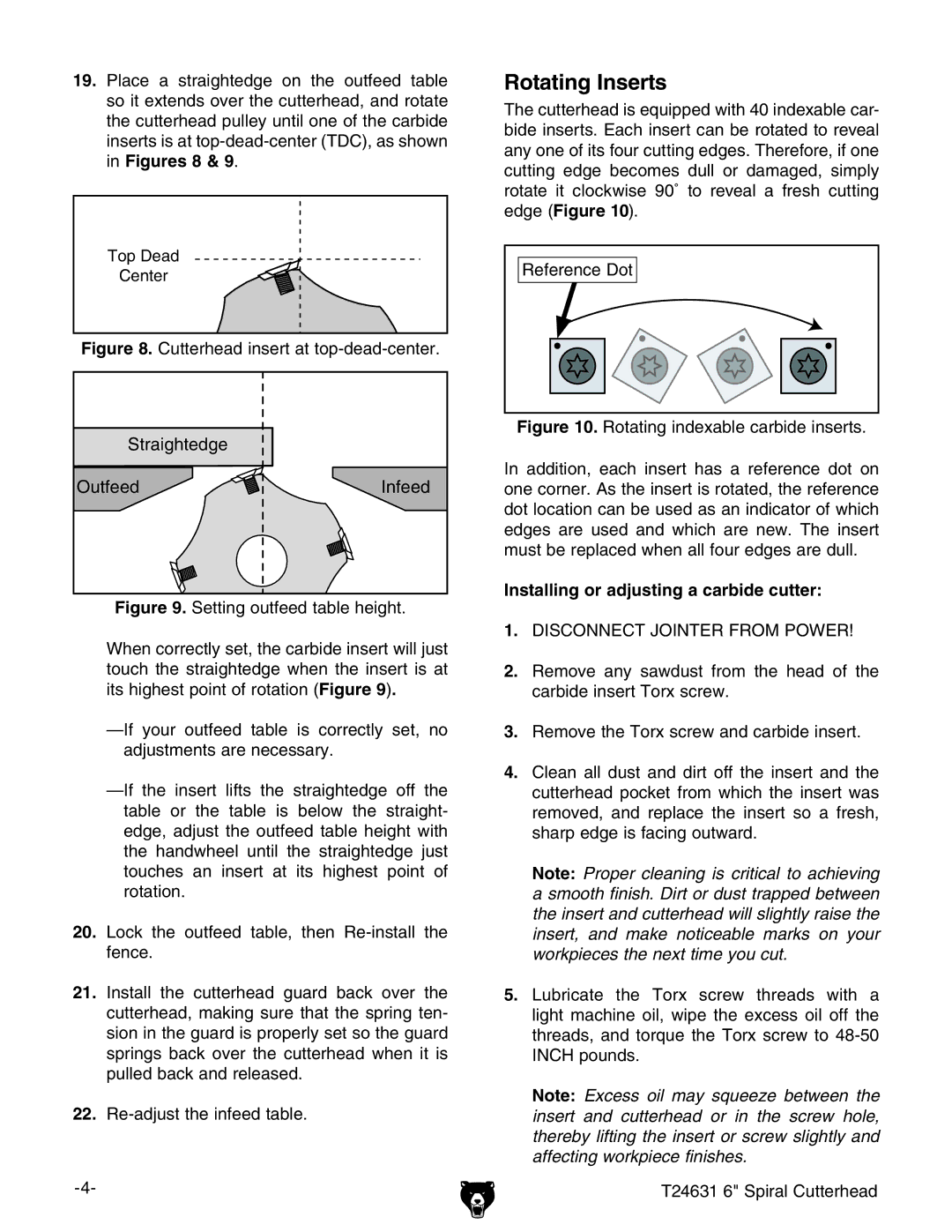 Grizzly T24631 installation instructions Rotating Inserts, Installing or adjusting a carbide cutter 