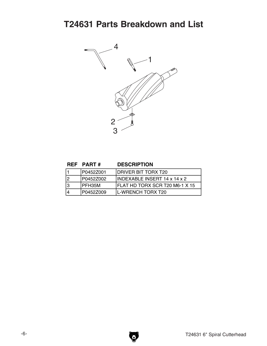 Grizzly installation instructions T24631 Parts Breakdown and List 