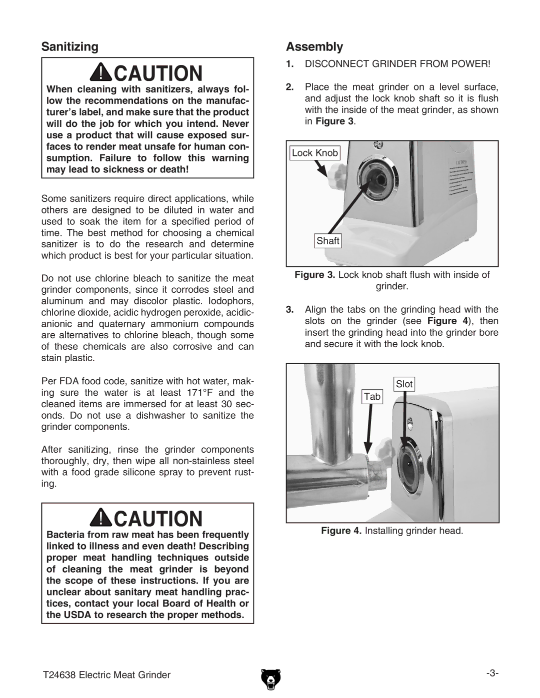 Grizzly T24638 manual Sanitizing, Assembly, Disconnect Grinder from Power 