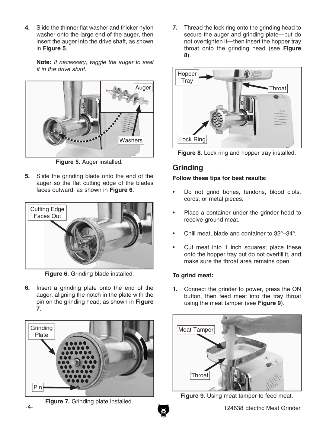 Grizzly T24638 manual Grinding, Follow these tips for best results, To grind meat 