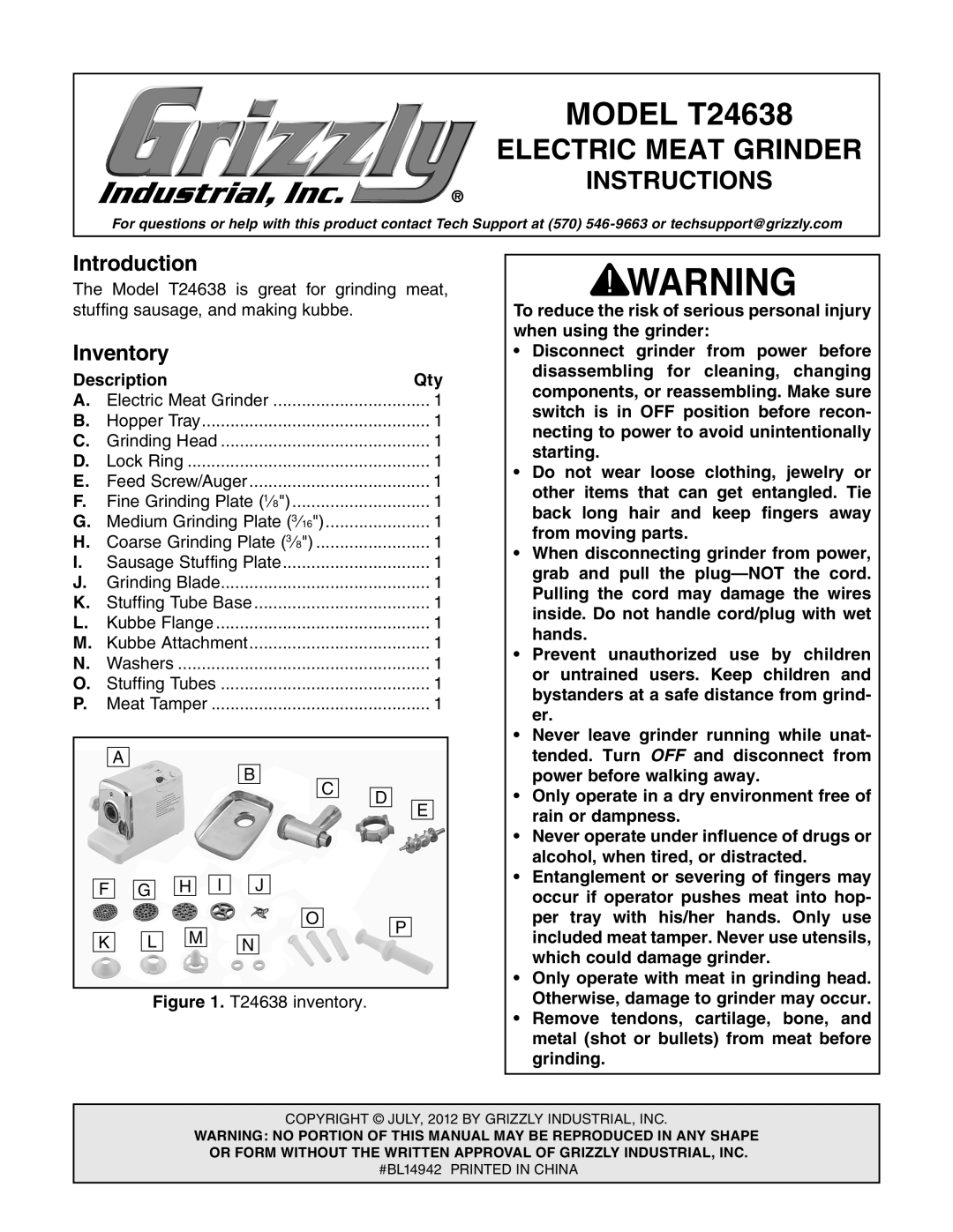 Grizzly manual Introduction, Inventory, MODEL T24638, Electric Meat Grinder, Instructions 