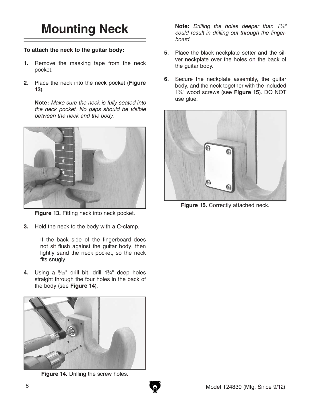 Grizzly T24830 Mounting Neck, To attach the neck to the guitar body, GZbdkZ iZ bVh`c\ iVeZ gdb iZ cZX` edX`Zi 