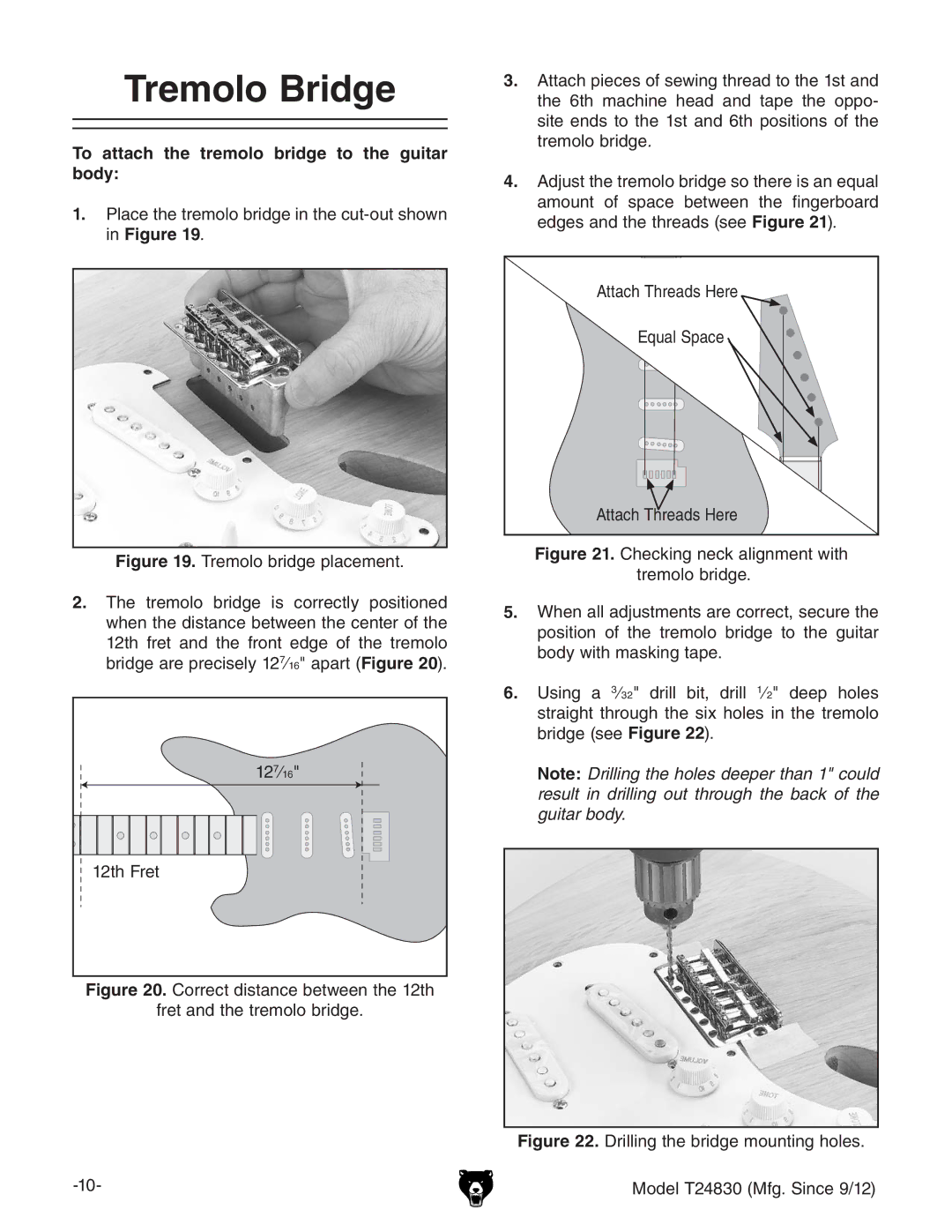 Grizzly T24830 instruction manual Tremolo Bridge, To attach the tremolo bridge to the guitar body 