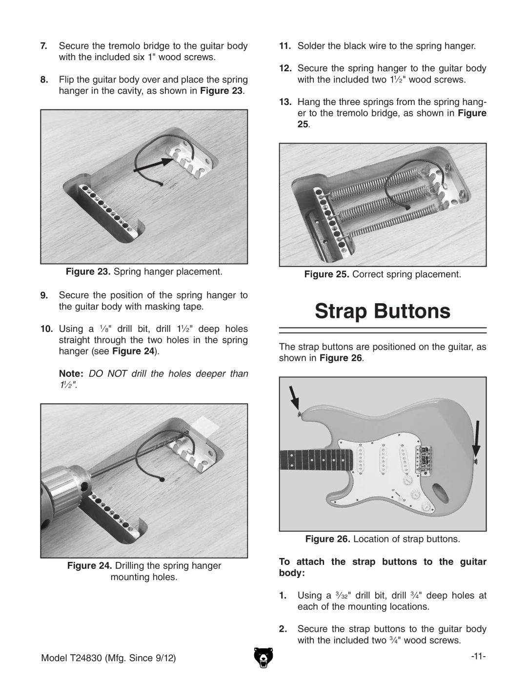 Grizzly T24830 instruction manual Strap Buttons, To attach the strap buttons to the guitar body 