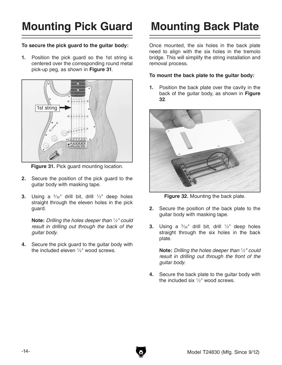 Grizzly T24830 Mounting Pick Guard, Mounting Back Plate, To secure the pick guard to the guitar body, Hihigc\ 