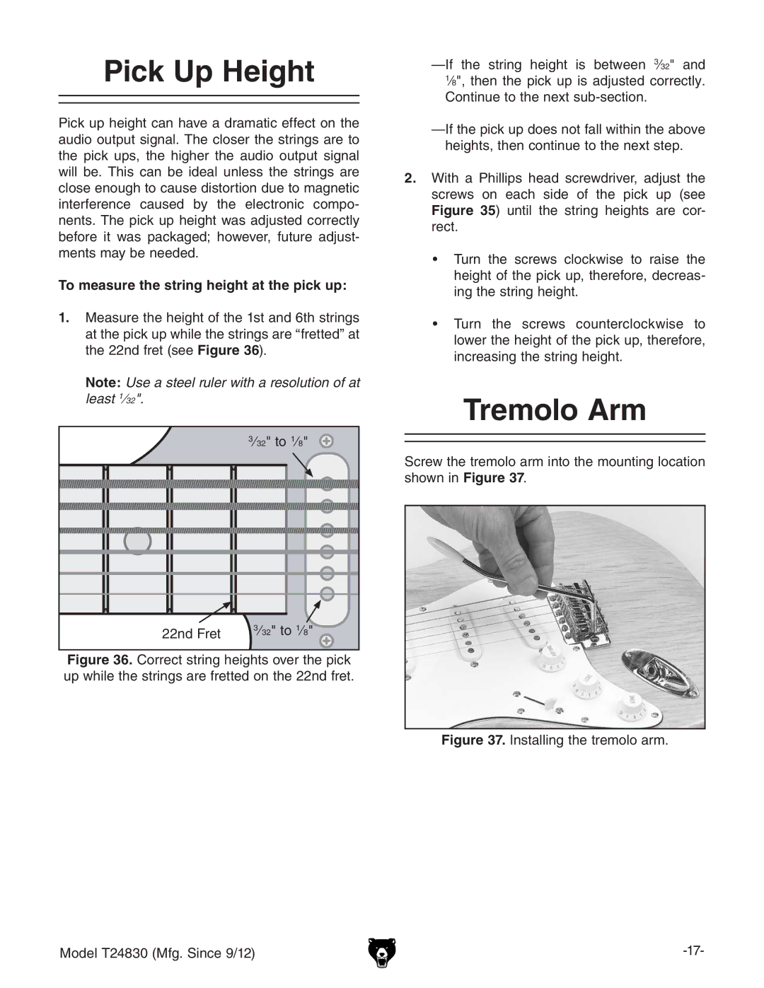 Grizzly T24830 instruction manual Pick Up Height, Tremolo Arm, To measure the string height at the pick up, CYgZi 