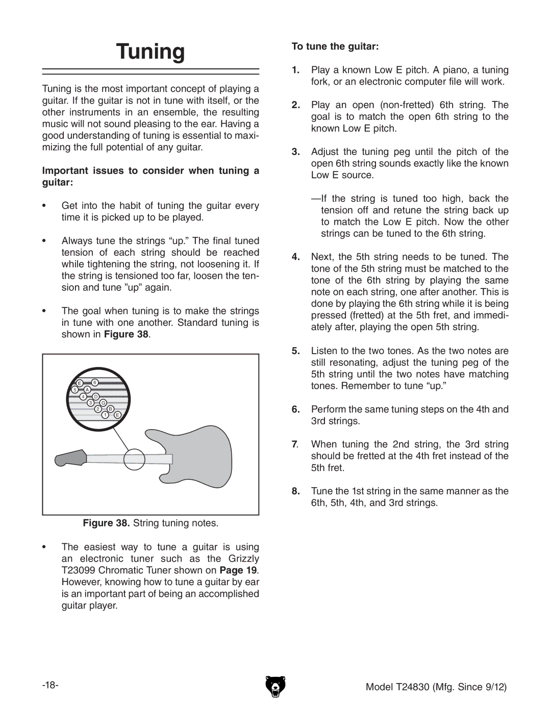 Grizzly T24830 instruction manual Tuning, Important issues to consider when tuning a guitar, To tune the guitar 