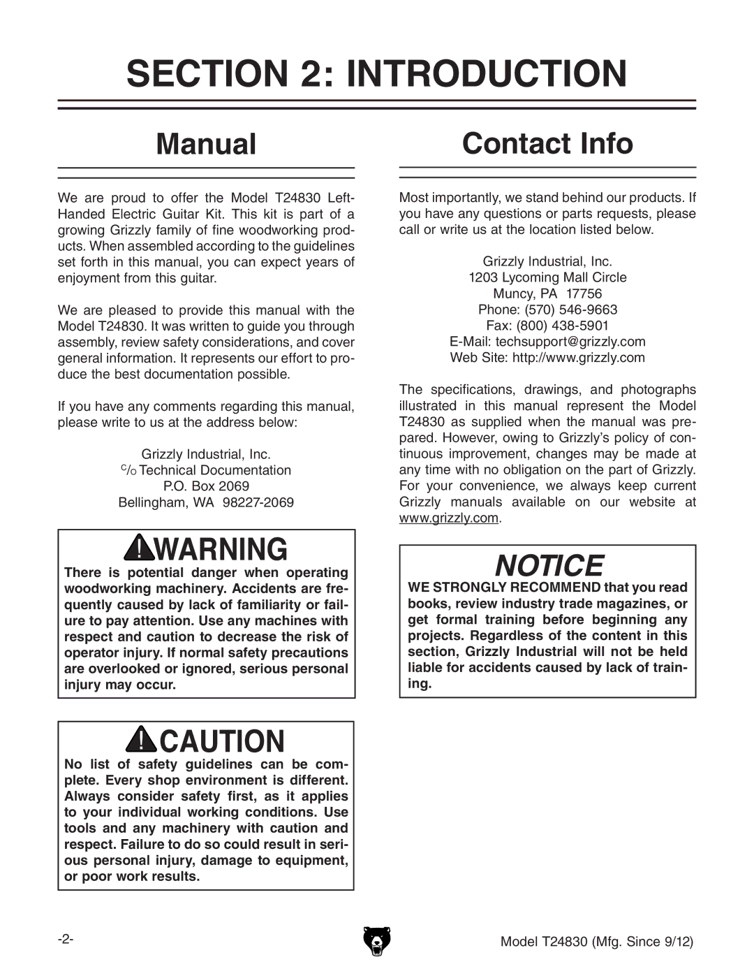 Grizzly T24830 instruction manual Introduction, Manual Contact Info 