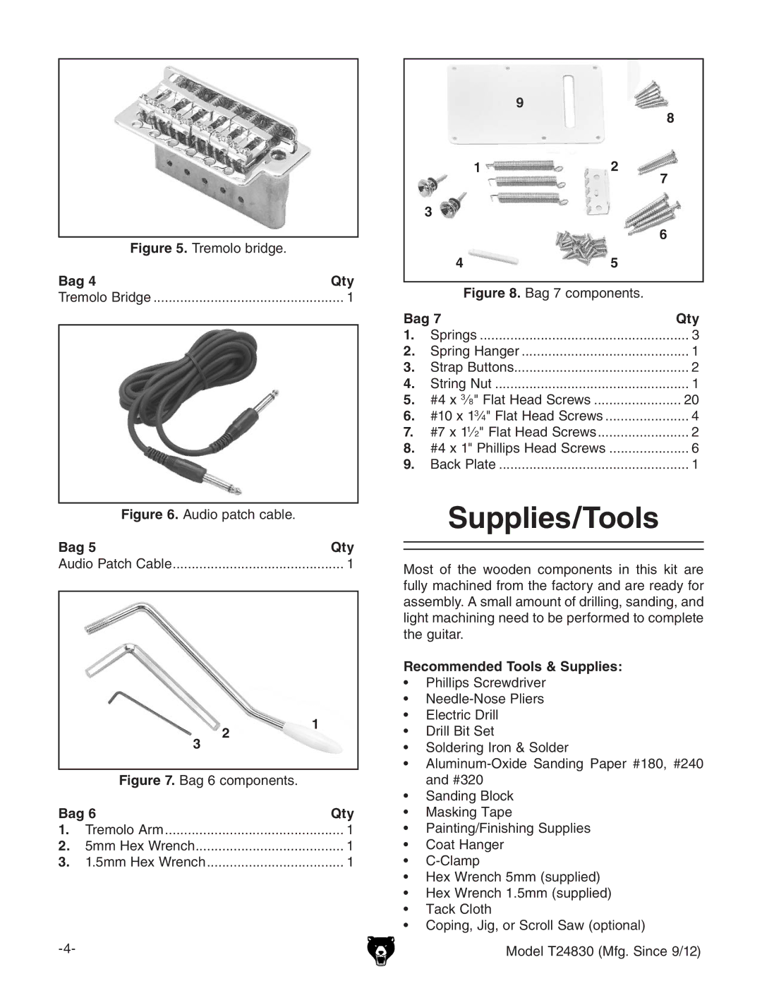 Grizzly T24830 instruction manual Supplies/Tools, IgZbdadWgY\Z# 