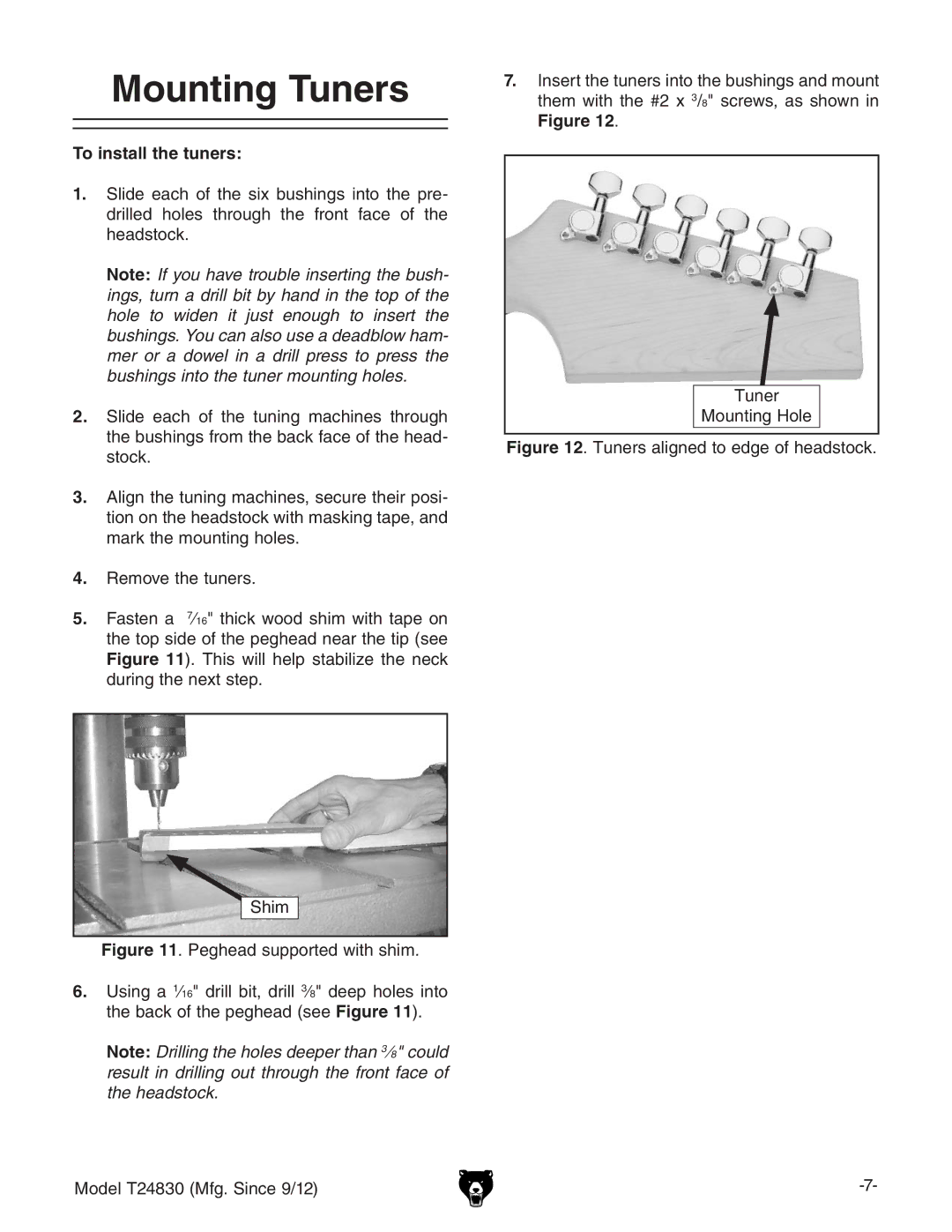 Grizzly T24830 instruction manual Mounting Tuners, To install the tuners,  GZbdkZiZijcZgh#, IjcZg Bdjcic\=daZ 