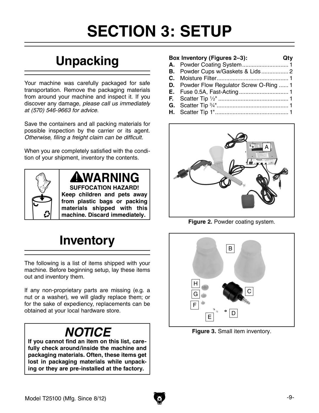 Grizzly T25100 owner manual Setup, Unpacking, Box Inventory Figures Qty 