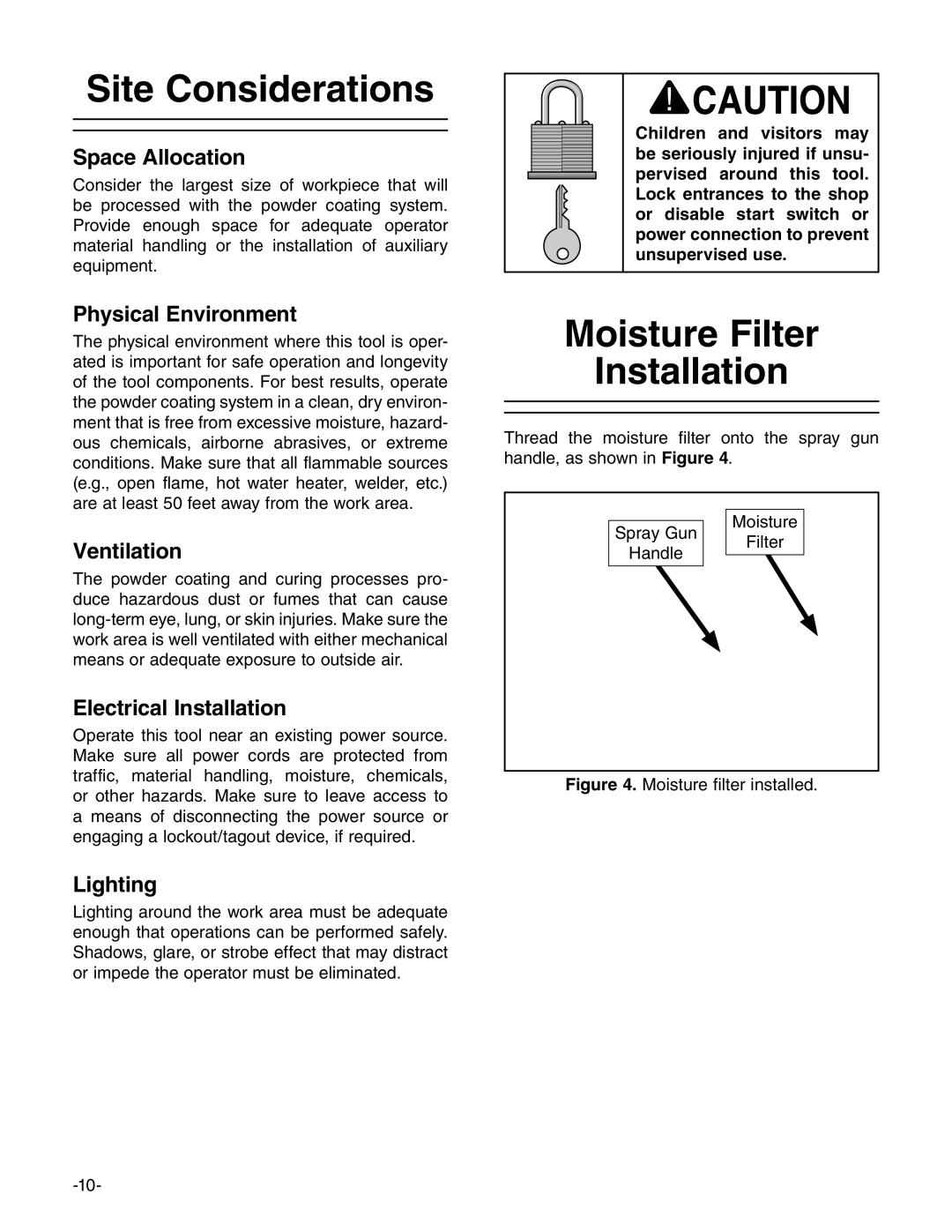 Grizzly T25100 owner manual Site Considerations, Moisture Filter Installation 