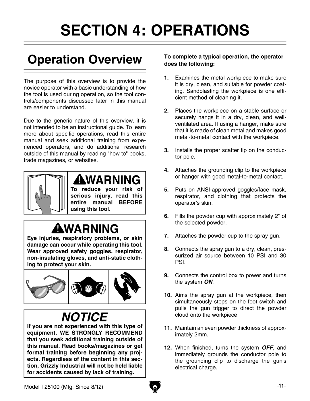 Grizzly T25100 owner manual Operations, Operation Overview 