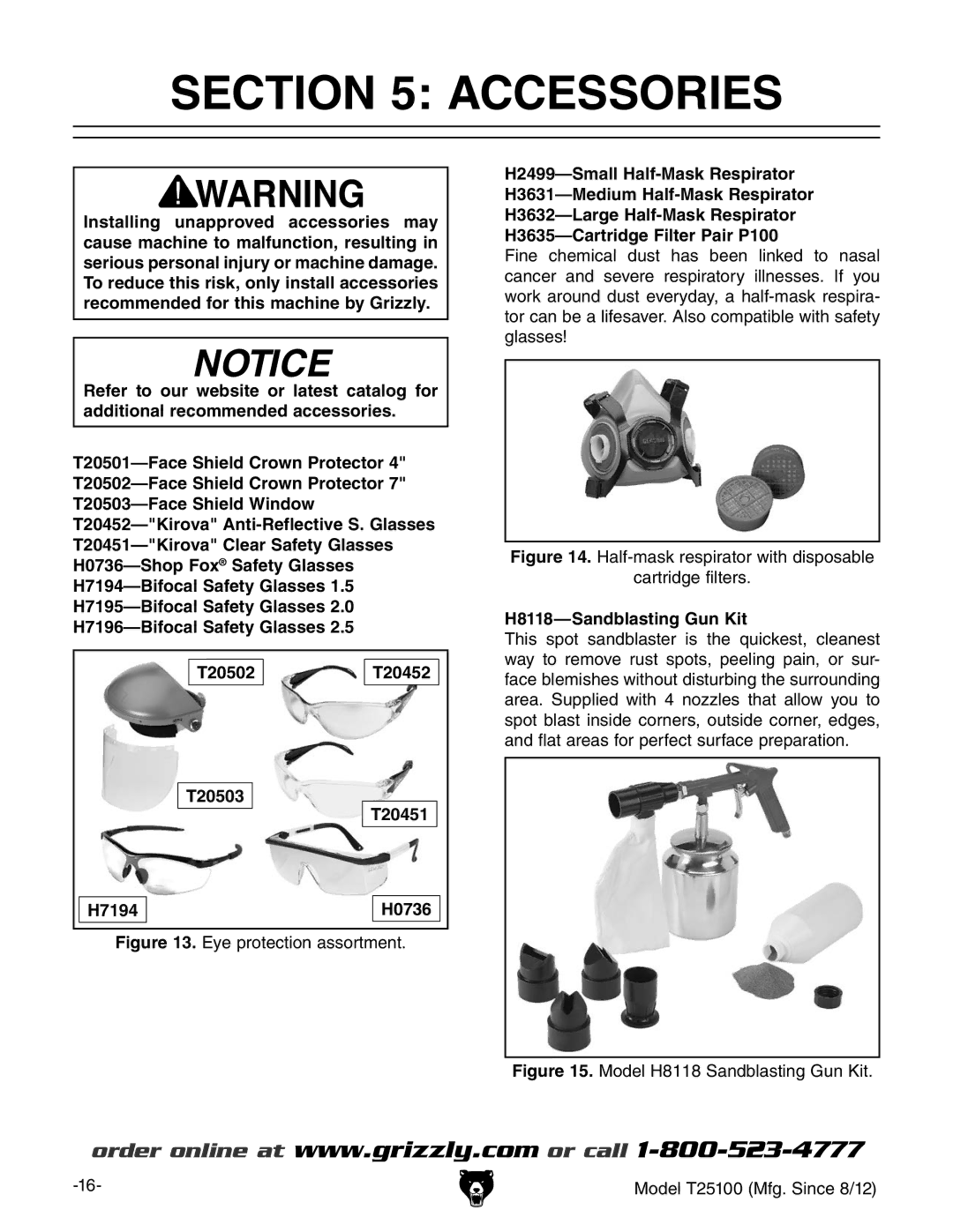 Grizzly T25100 owner manual Accessories, H8118-Sandblasting Gun Kit 