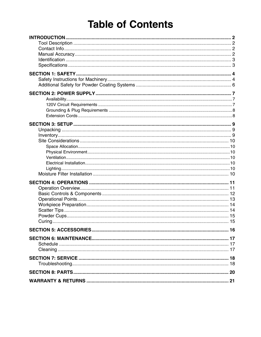 Grizzly T25100 owner manual Table of Contents 