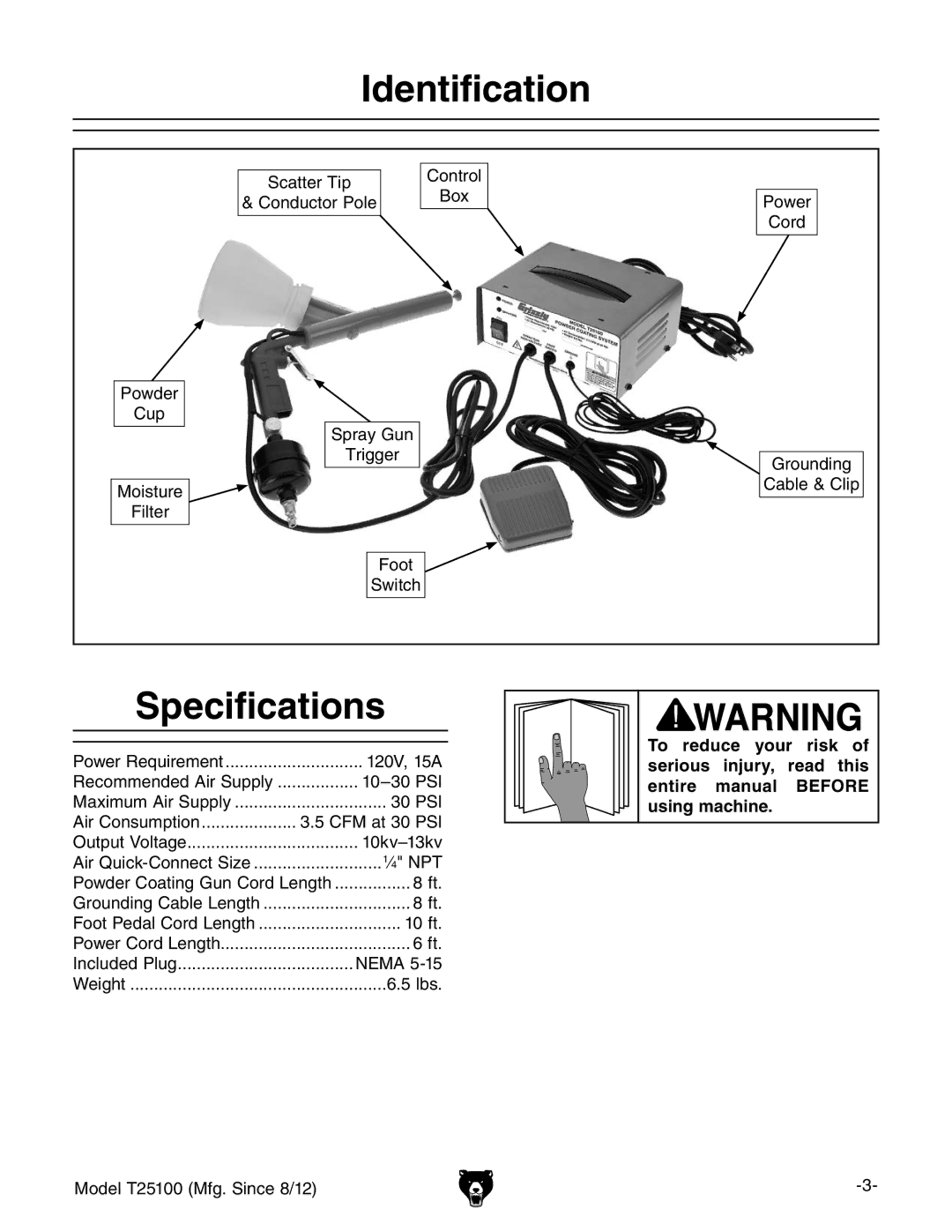 Grizzly T25100 owner manual Identification, Specifications 