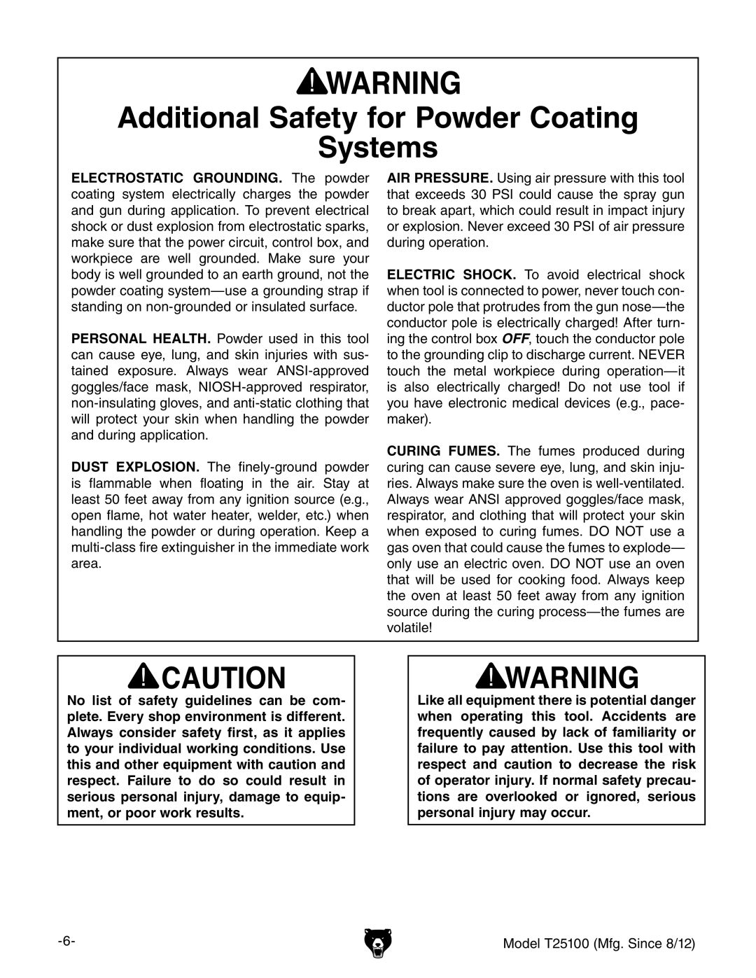 Grizzly T25100 owner manual Additional Safety for Powder Coating Systems 