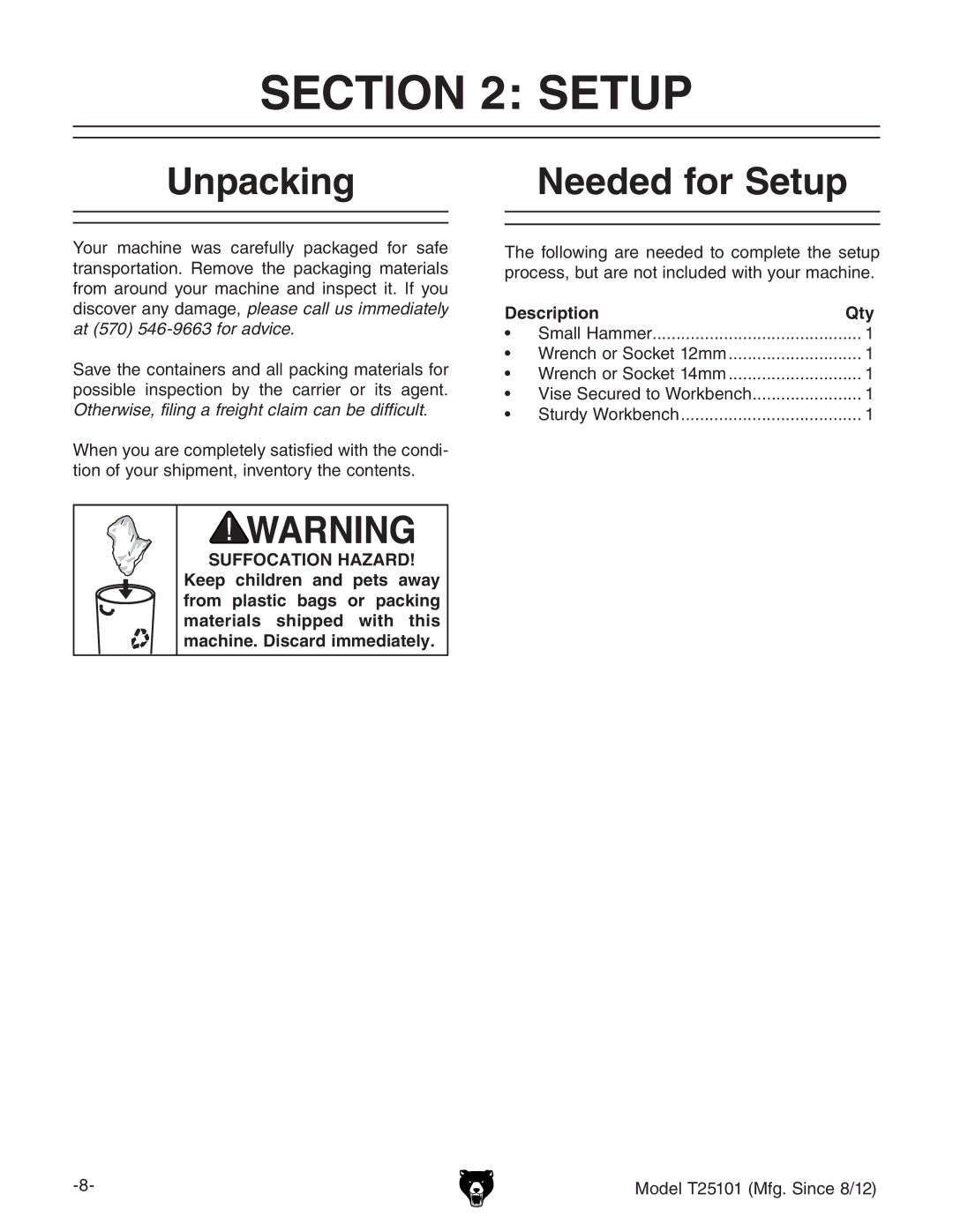 Grizzly T25101 owner manual Unpacking, Needed for Setup, Description Qty 