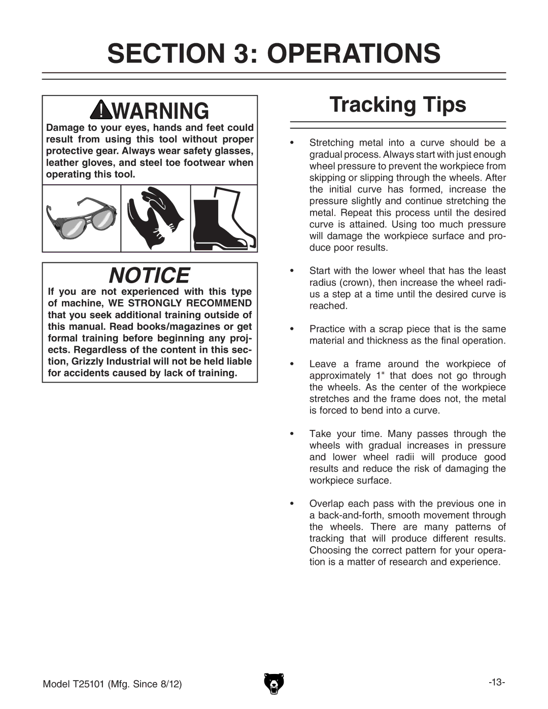 Grizzly T25101 owner manual Operations, Tracking Tips 