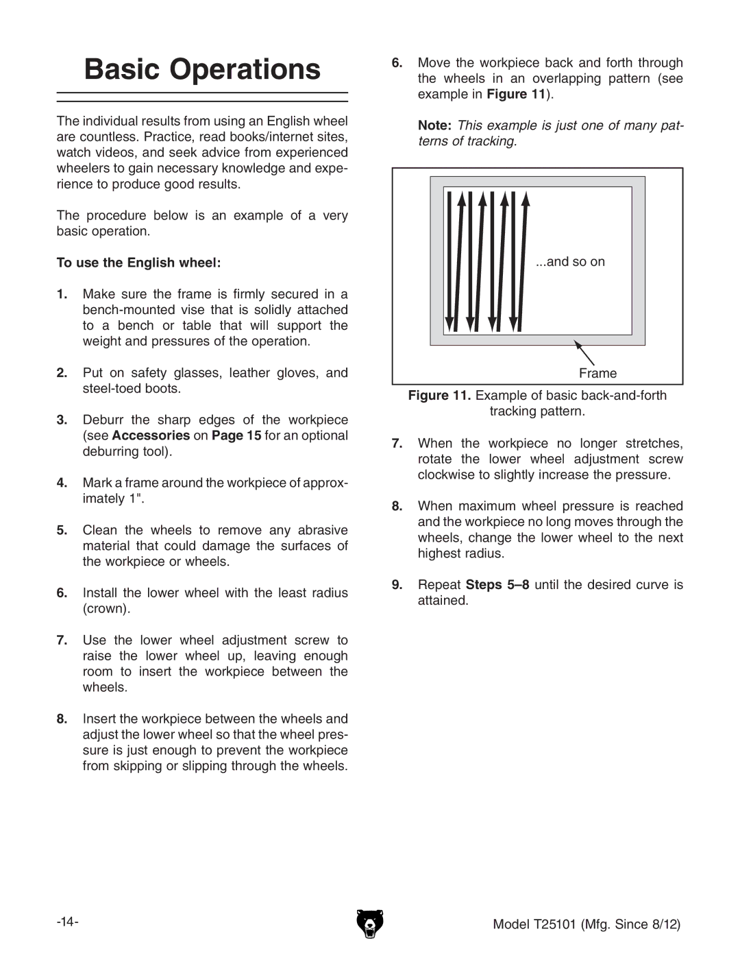 Grizzly T25101 owner manual Basic Operations, To use the English wheel, ###VcYhddc GVbZ 