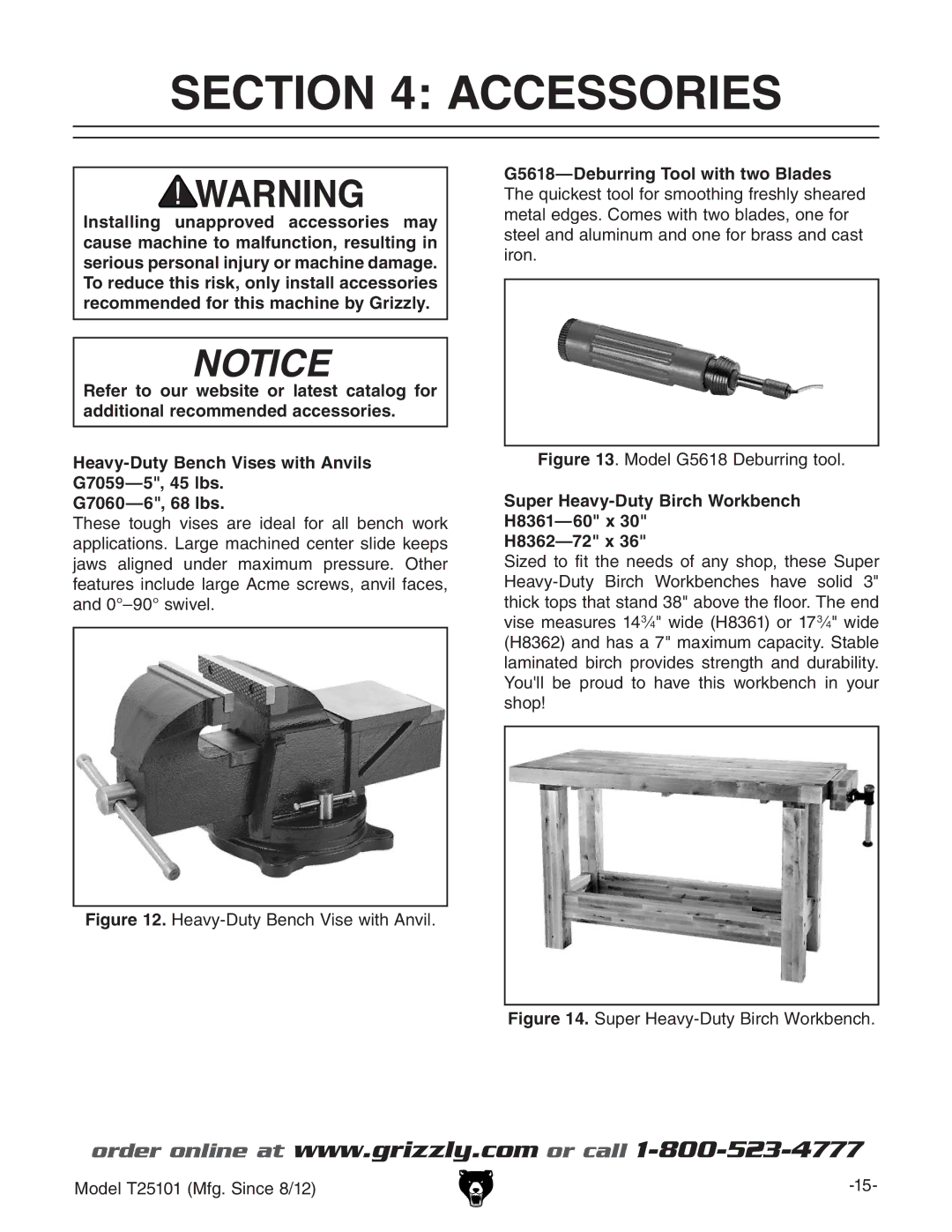 Grizzly T25101 owner manual Accessories, Super Heavy-Duty Birch Workbench H8361-60 x H8362-72 x 