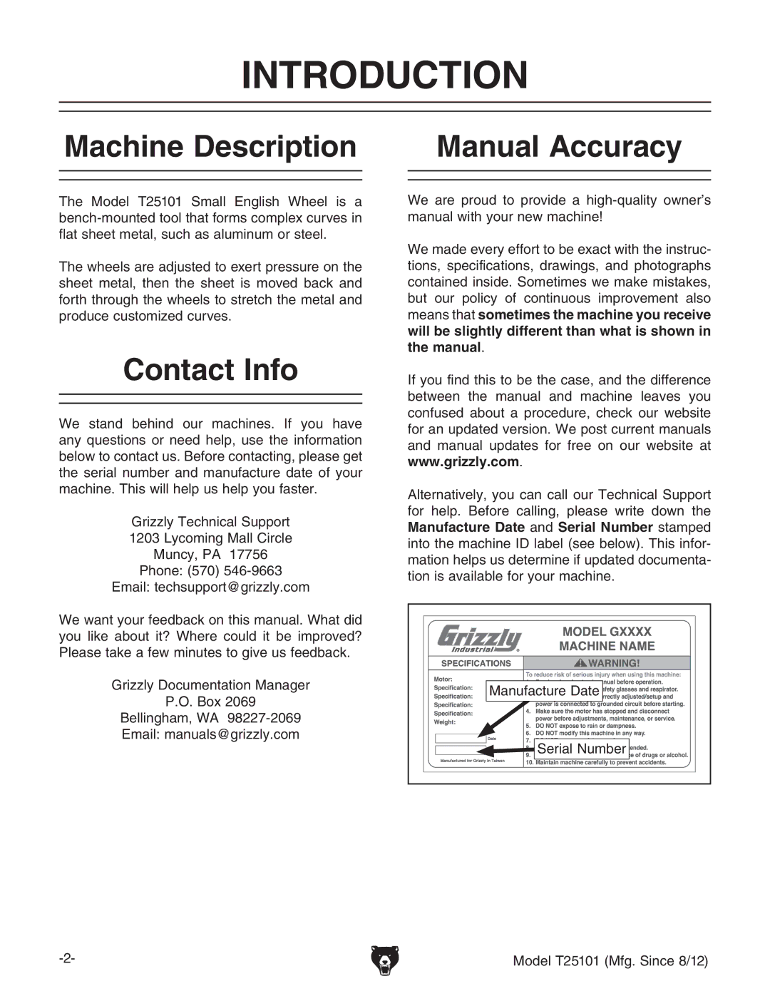 Grizzly T25101 owner manual Introduction, Machine Description Manual Accuracy, Contact Info 