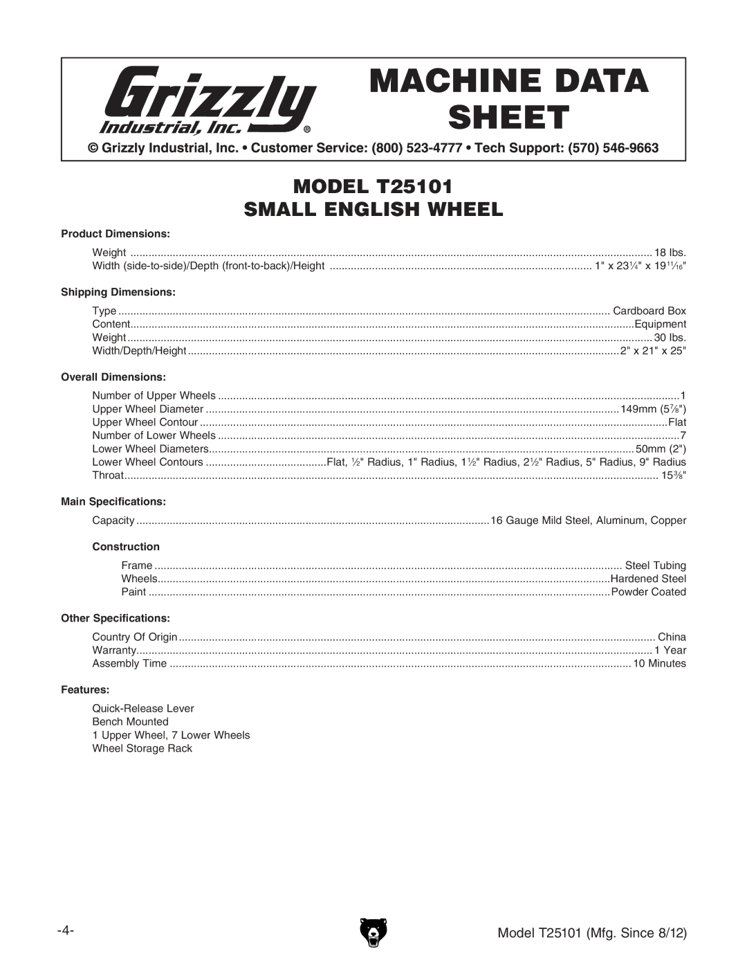 Grizzly T25101 owner manual Small English Wheel 