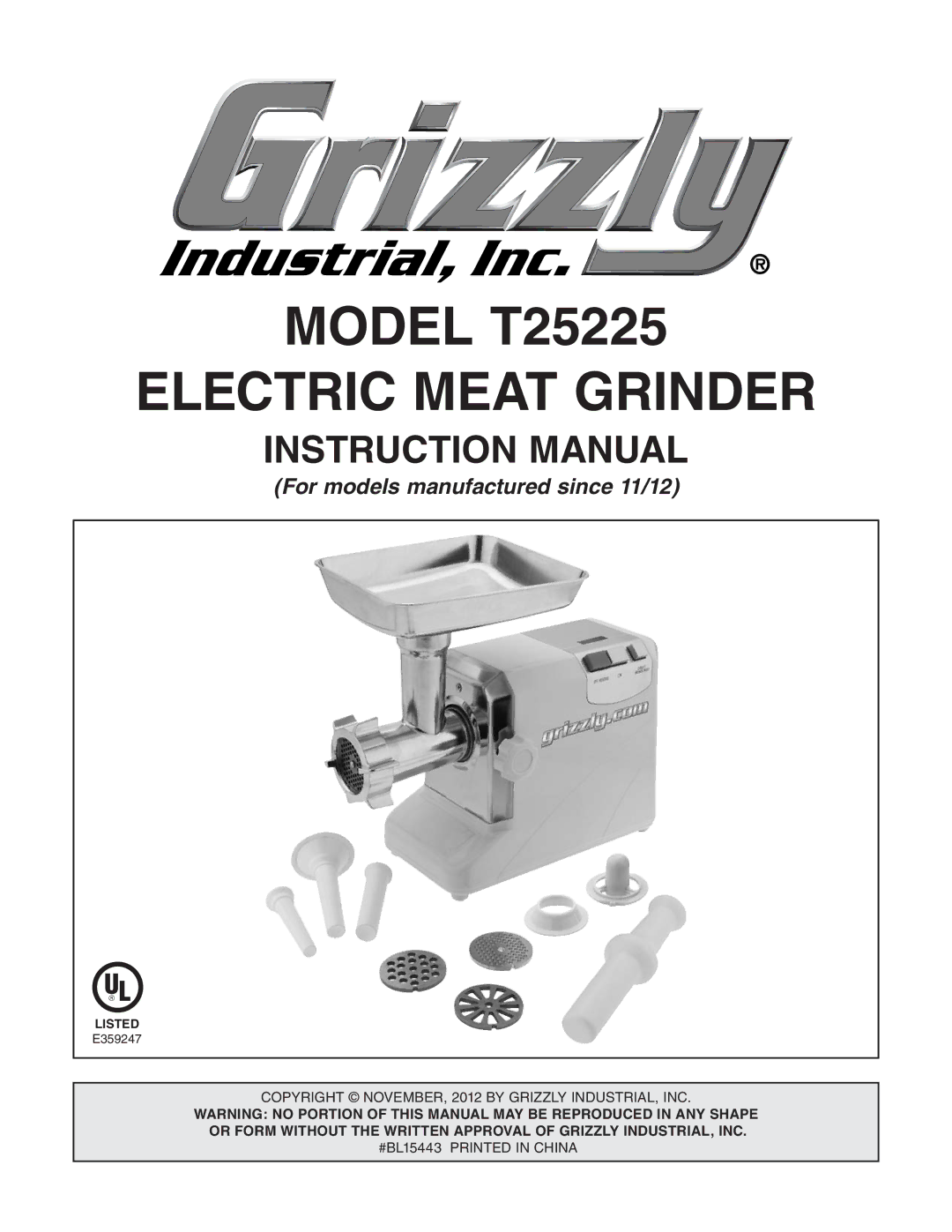 Grizzly T25225 instruction manual Electric Meat Grinder 