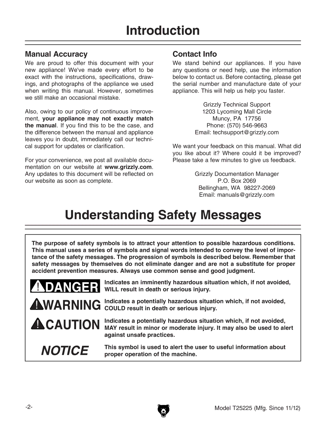 Grizzly T25225 instruction manual Introduction, Understanding Safety Messages, Manual Accuracy, Contact Info 