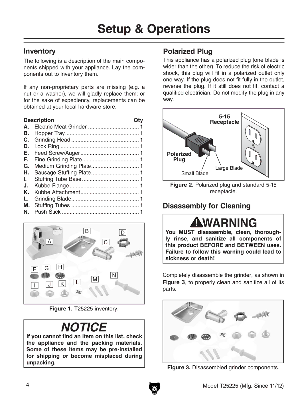 Grizzly T25225 instruction manual Setup & Operations, Inventory, Polarized Plug, Disassembly for Cleaning 