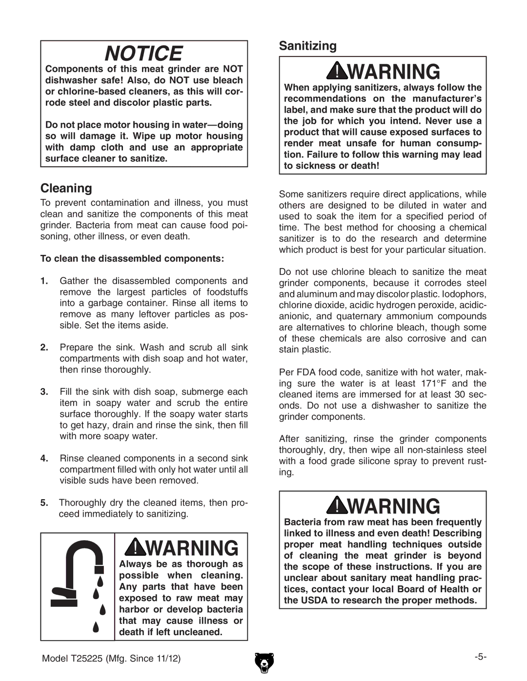 Grizzly T25225 instruction manual Cleaning, Sanitizing, To clean the disassembled components 