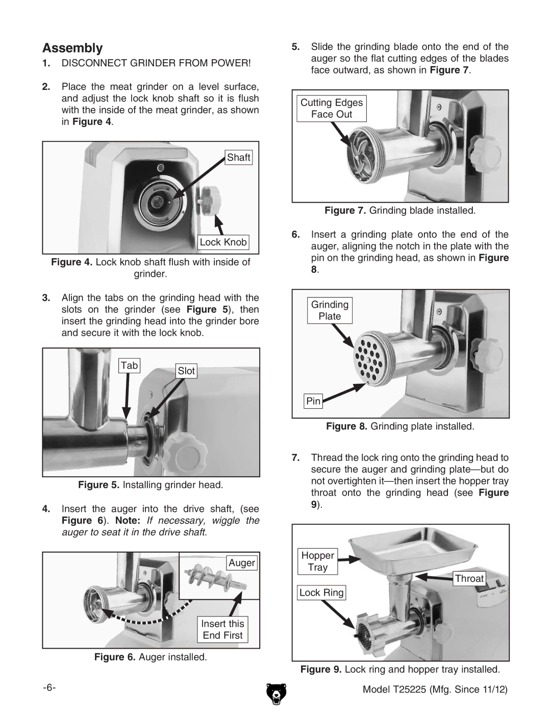 Grizzly T25225 instruction manual Assembly 