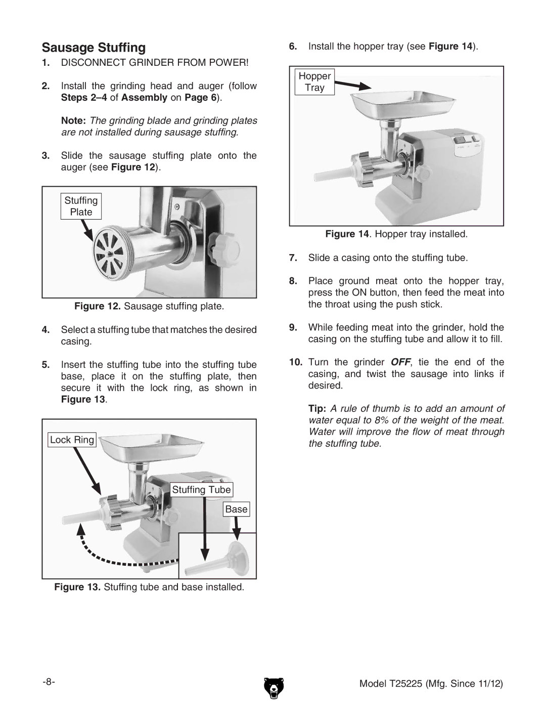 Grizzly T25225 instruction manual Sausage Stuffing, Steps 2-4dAssemblydcPage 6# 