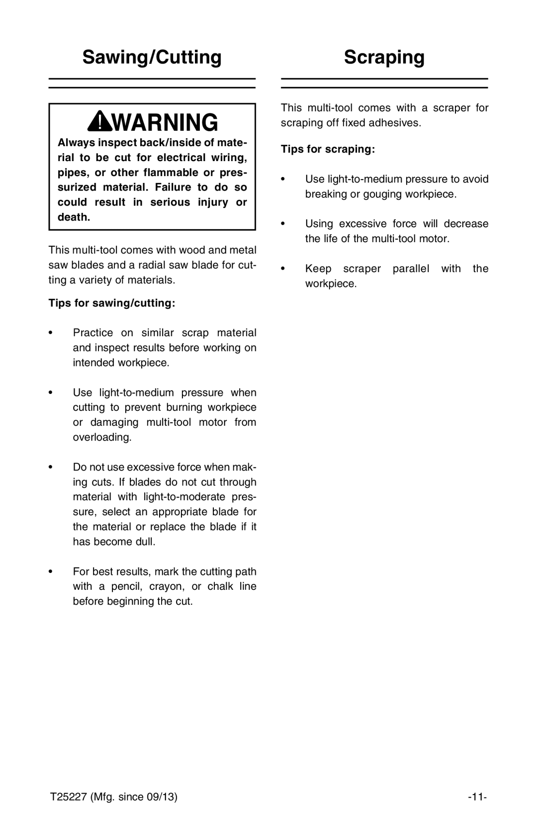 Grizzly T25227 owner manual Sawing/CuttingScraping, Tips for sawing/cutting, Tips for scraping 