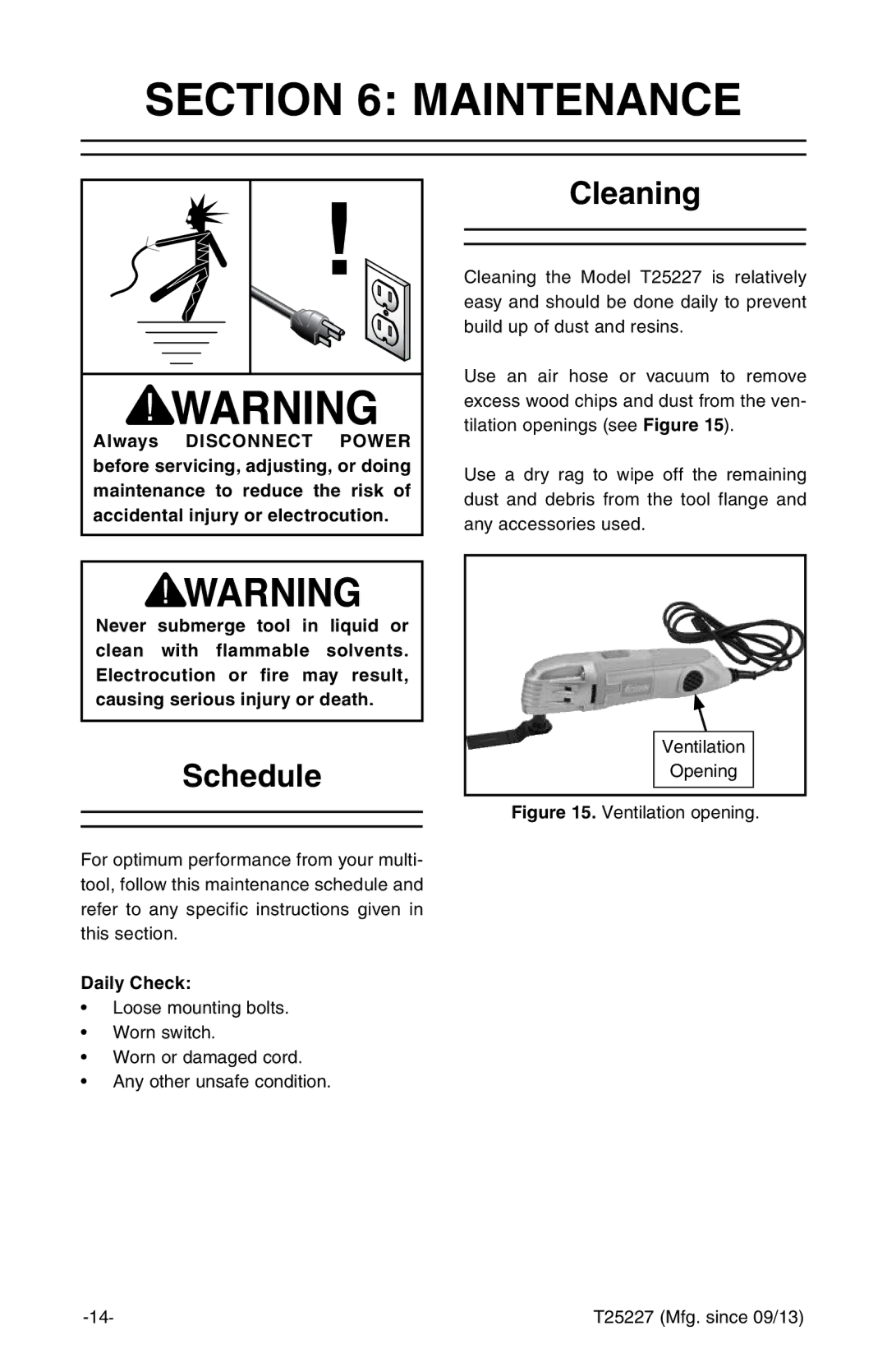 Grizzly T25227 owner manual Maintenance, Schedule, Cleaning, Daily Check 