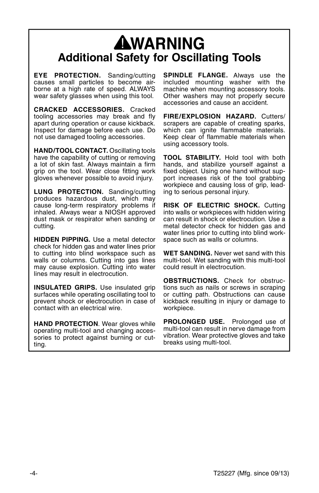 Grizzly T25227 owner manual Additional Safety for Oscillating Tools 