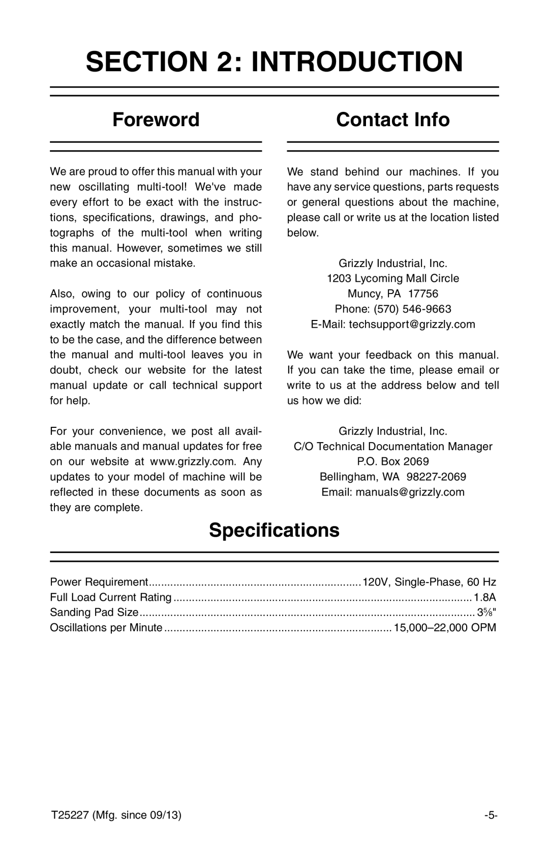 Grizzly T25227 owner manual Introduction, Foreword Contact Info, Specifications 