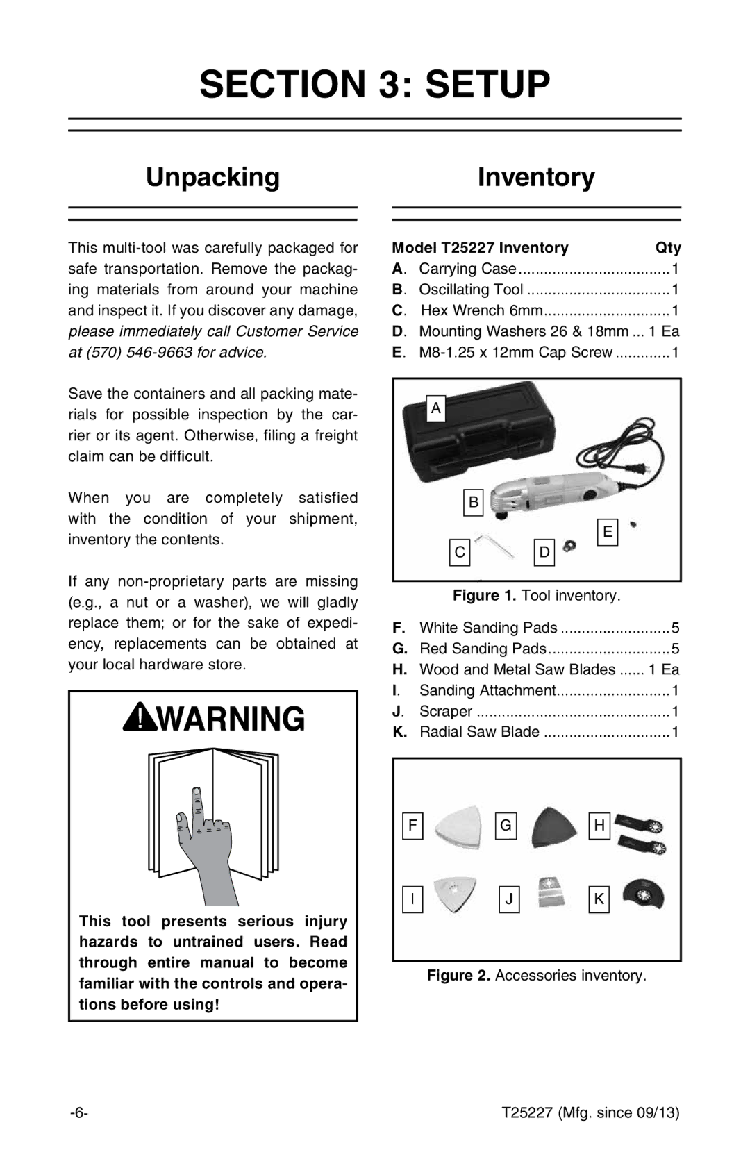 Grizzly T25227 owner manual Setup, UnpackingInventory 