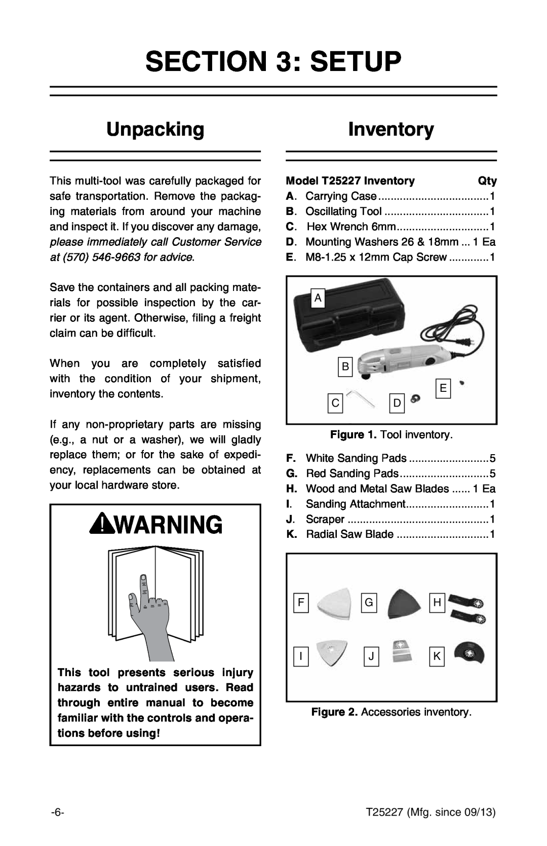 Grizzly T25227 owner manual Setup, UnpackingInventory 