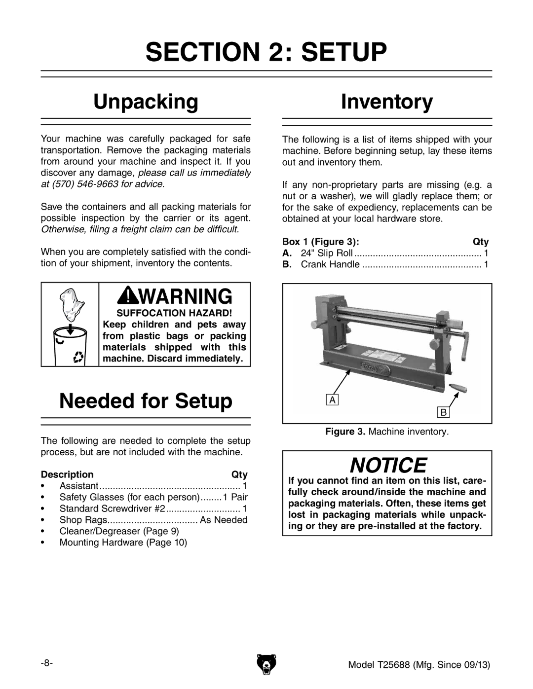 Grizzly T25688 owner manual UnpackingInventory, Needed for Setup 