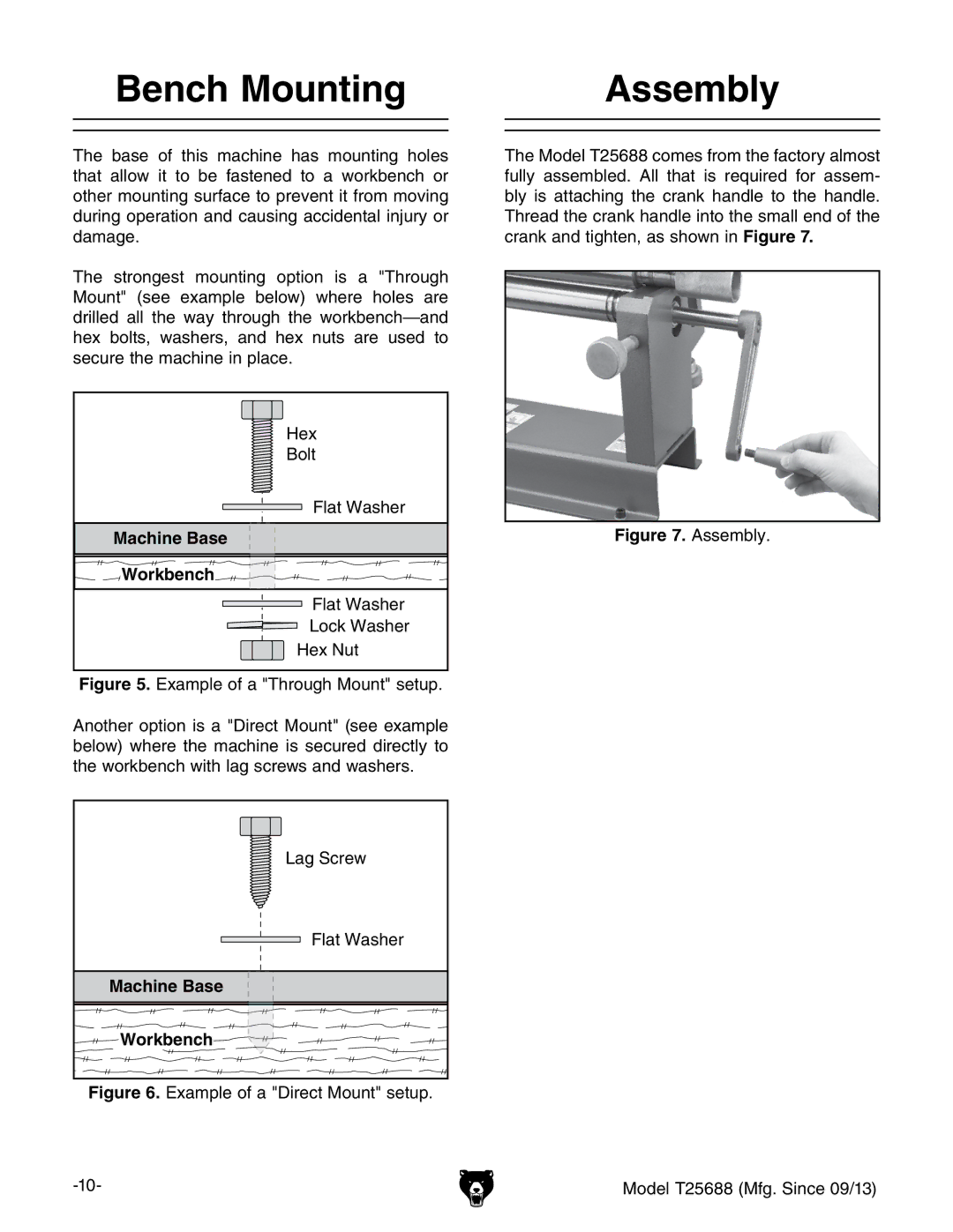 Grizzly T25688 owner manual Bench Mounting Assembly, Machine Base Workbench 