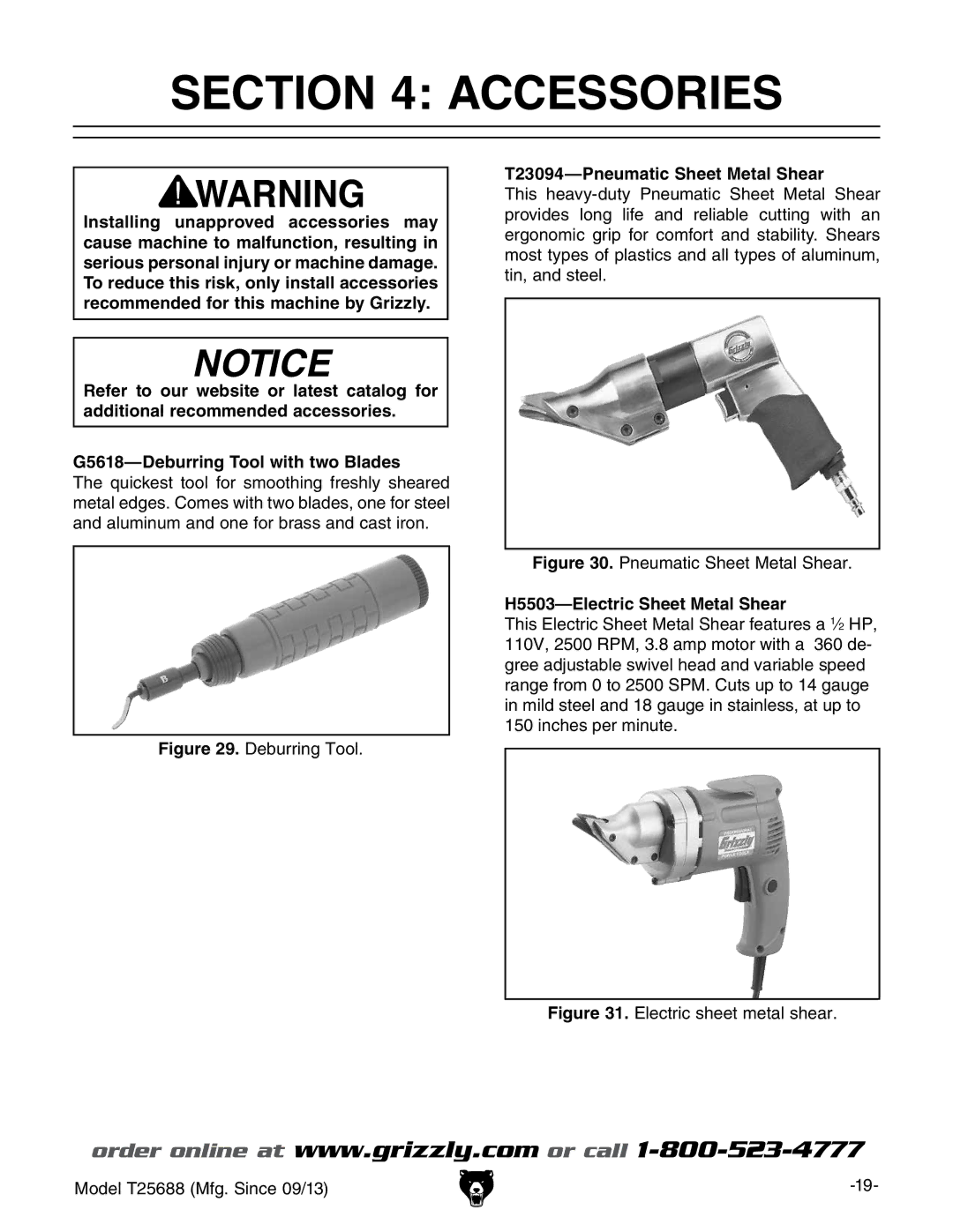 Grizzly T25688 owner manual Accessories, T23094-Pneumatic Sheet Metal Shear, H5503-Electric Sheet Metal Shear 