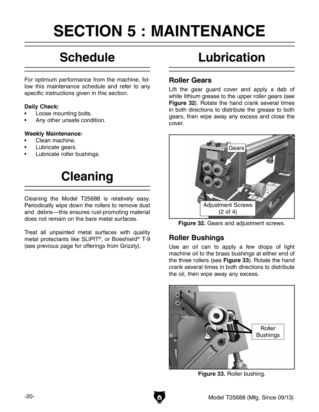 Grizzly T25688 owner manual Maintenance, Schedule, Cleaning, Lubrication 